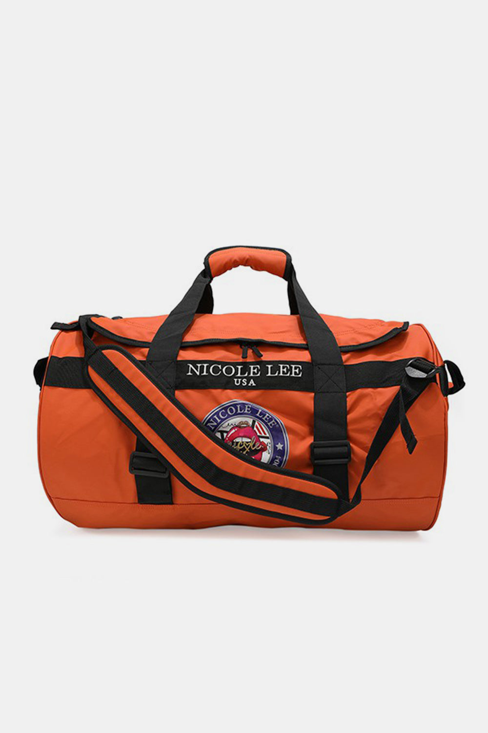 The Nicole Lee USA Large Duffel Bag is a lightweight, green bag with black straps and handles, featuring the "Nicole Lee USA" logo in the center and offering versatile carrying options.