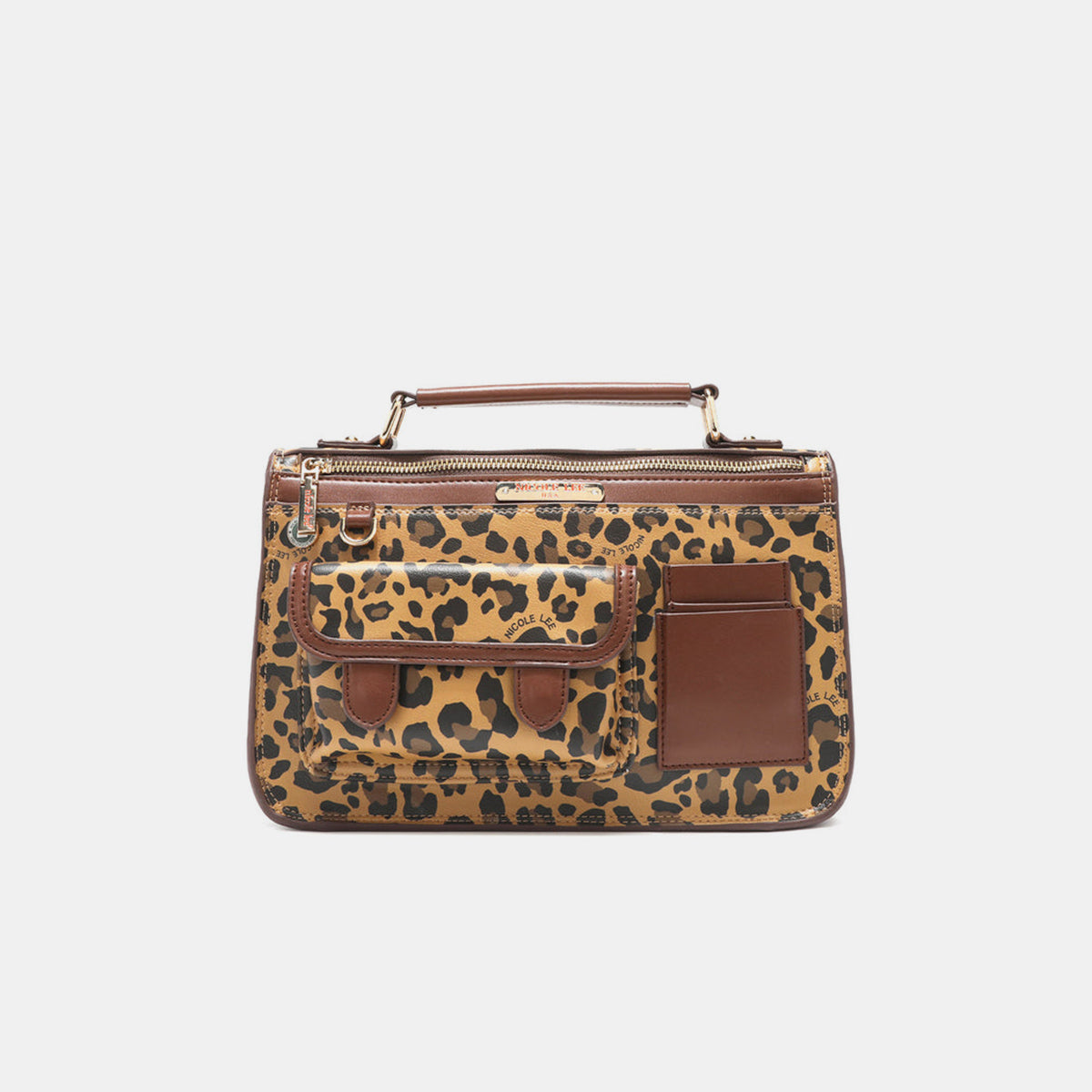 The Nicole Lee USA Leopard Top Handle Handbag is a stylish accessory with chic leopard print and brown vegan leather accents. It boasts two outer pockets, a gold-tone zip closure, and includes a versatile crossbody strap for convenient carrying.