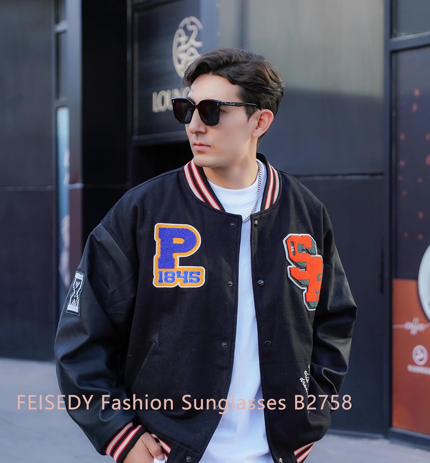 A pair of FEISEDY Women Oversized Vintage Polarized Sunglasses Square Cute Trendy Classic Simple Men B2758 with dark lenses and thin arms.
