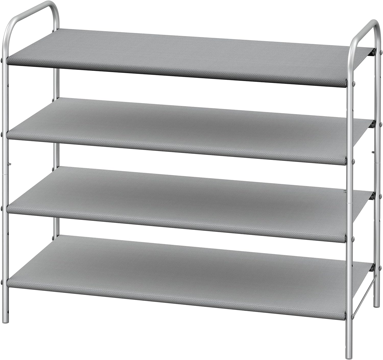A modern Simple Houseware 4-Tier Shoe Rack Storage Organizer 20-Pair, Grey made of metal with gray fabric shelves.