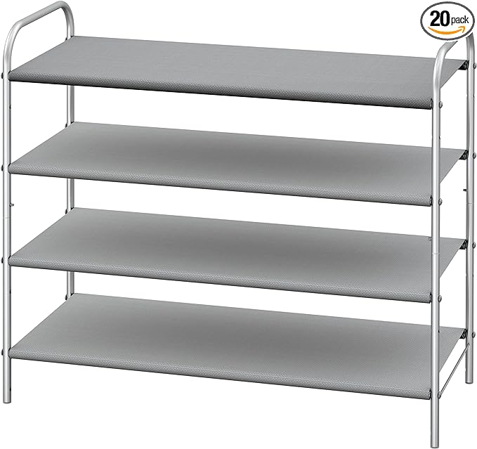 A modern Simple Houseware 4-Tier Shoe Rack Storage Organizer 20-Pair, Grey made of metal with gray fabric shelves.