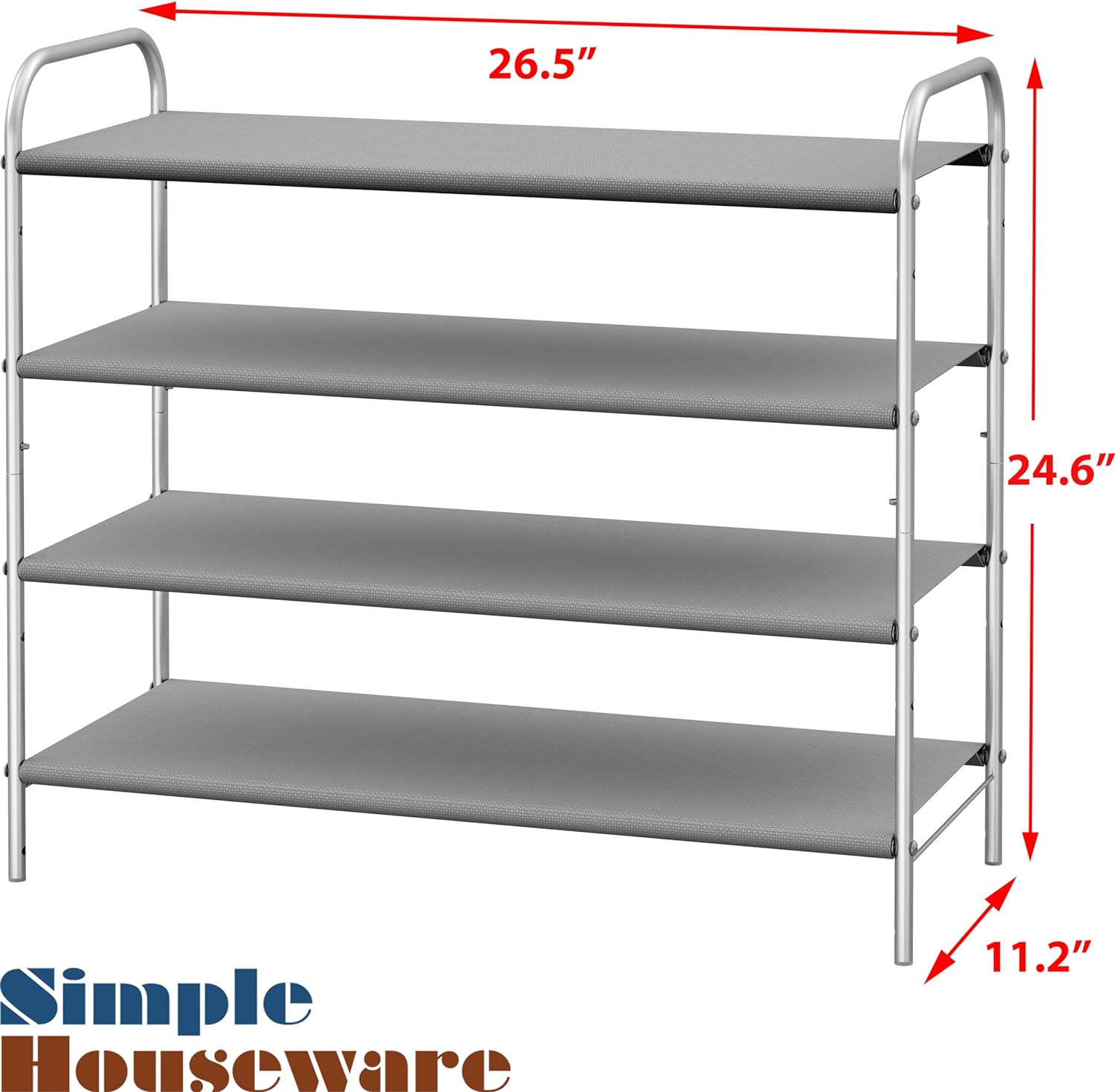 A modern Simple Houseware 4-Tier Shoe Rack Storage Organizer 20-Pair, Grey made of metal with gray fabric shelves.