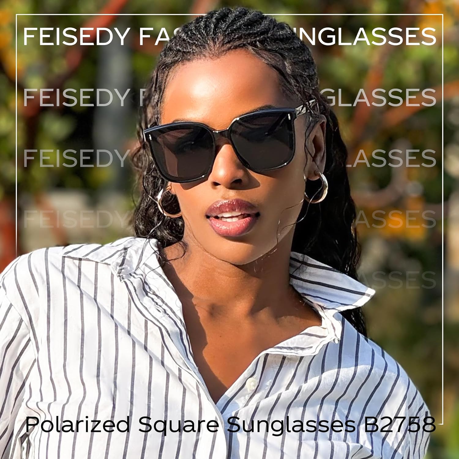 A pair of FEISEDY Women Oversized Vintage Polarized Sunglasses Square Cute Trendy Classic Simple Men B2758 with dark lenses and thin arms.