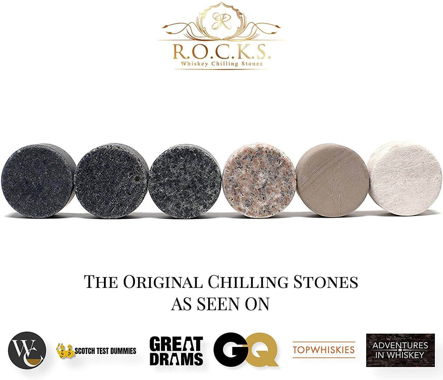 A set of The Original ROCKS Whiskey Chilling Stones - Set of 6 Granite Stones in a wooden box by Apricot Pontus.