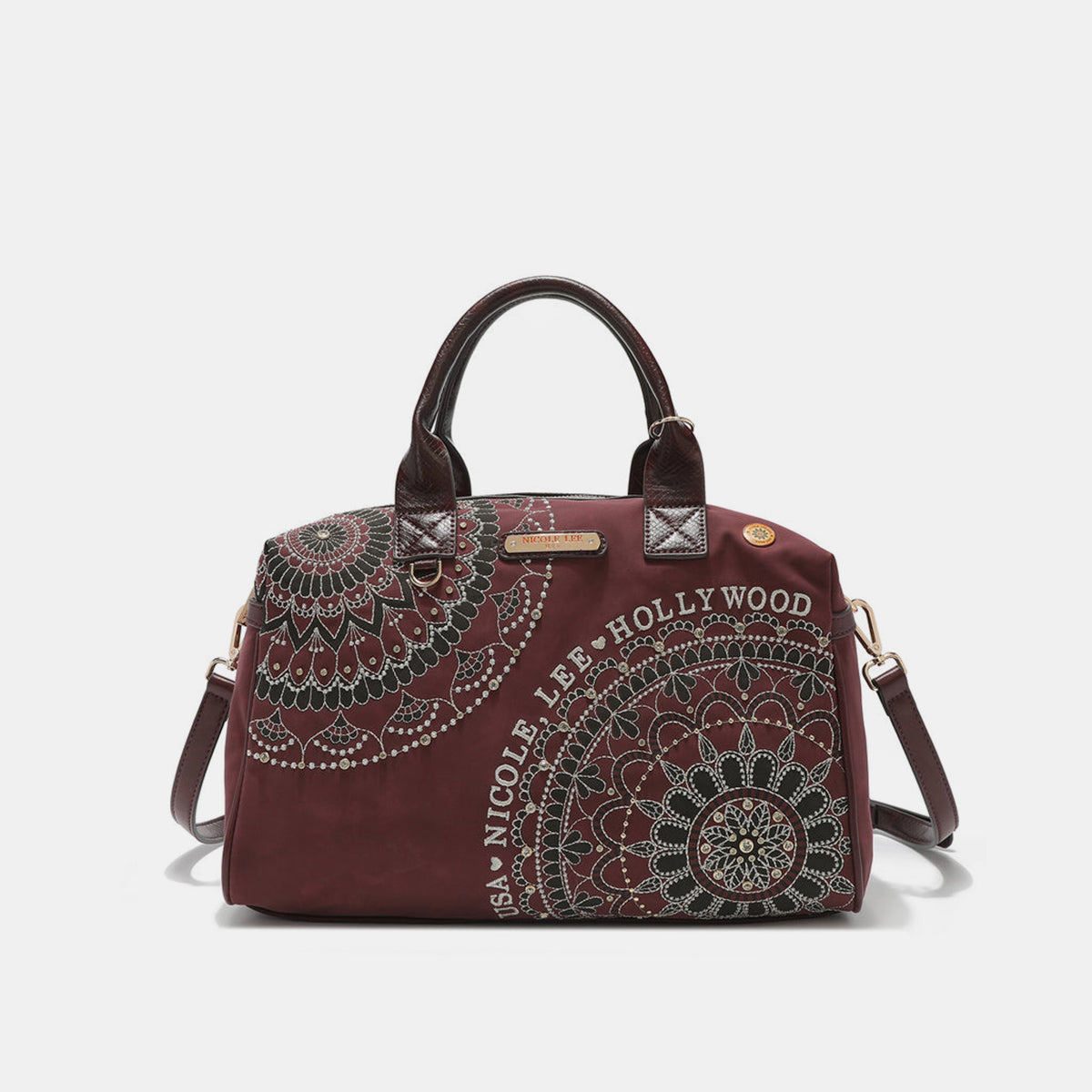 A beige Nicole Lee USA rhinestone Decor Boston Bag with short handles and a rounded top, featuring intricate floral patterns and the text "Nicole Lee Hollywood USA" in white, crafted from vegan leather.