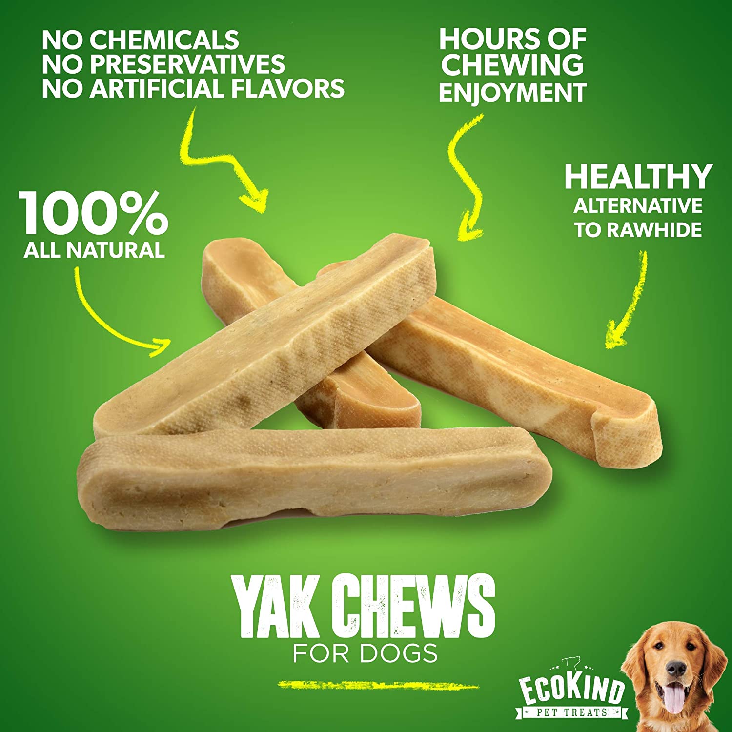 Bag of Gold Yak Chews for Small Dogs, featuring premium yak cheese blocks. The packaging emphasizes 100% natural milk sticks with no preservatives or additives, offering a gluten-free and lactose-free delight tailored for your pet!