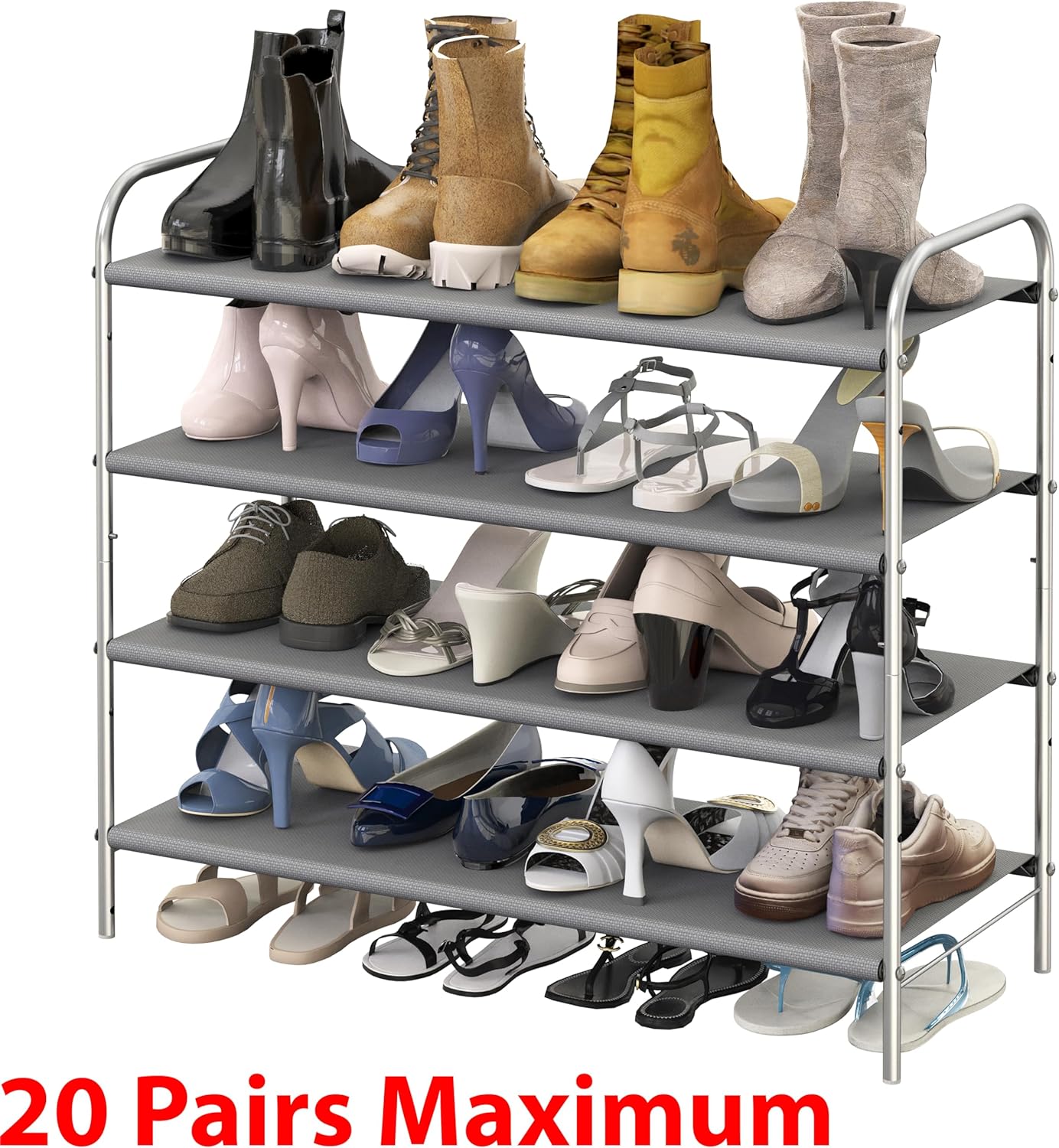 A modern Simple Houseware 4-Tier Shoe Rack Storage Organizer 20-Pair, Grey made of metal with gray fabric shelves.