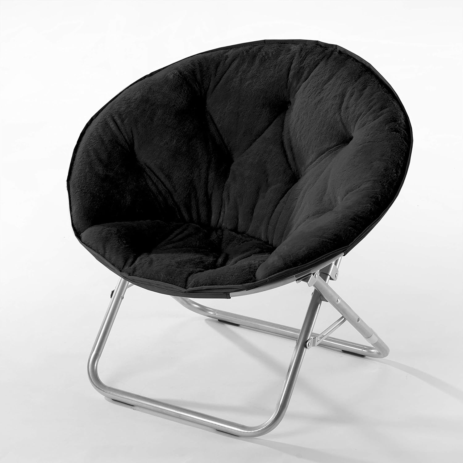 A black, round, collapsible Faux Fur Saucer Chair with a soft cushioned seat and a metallic frame.