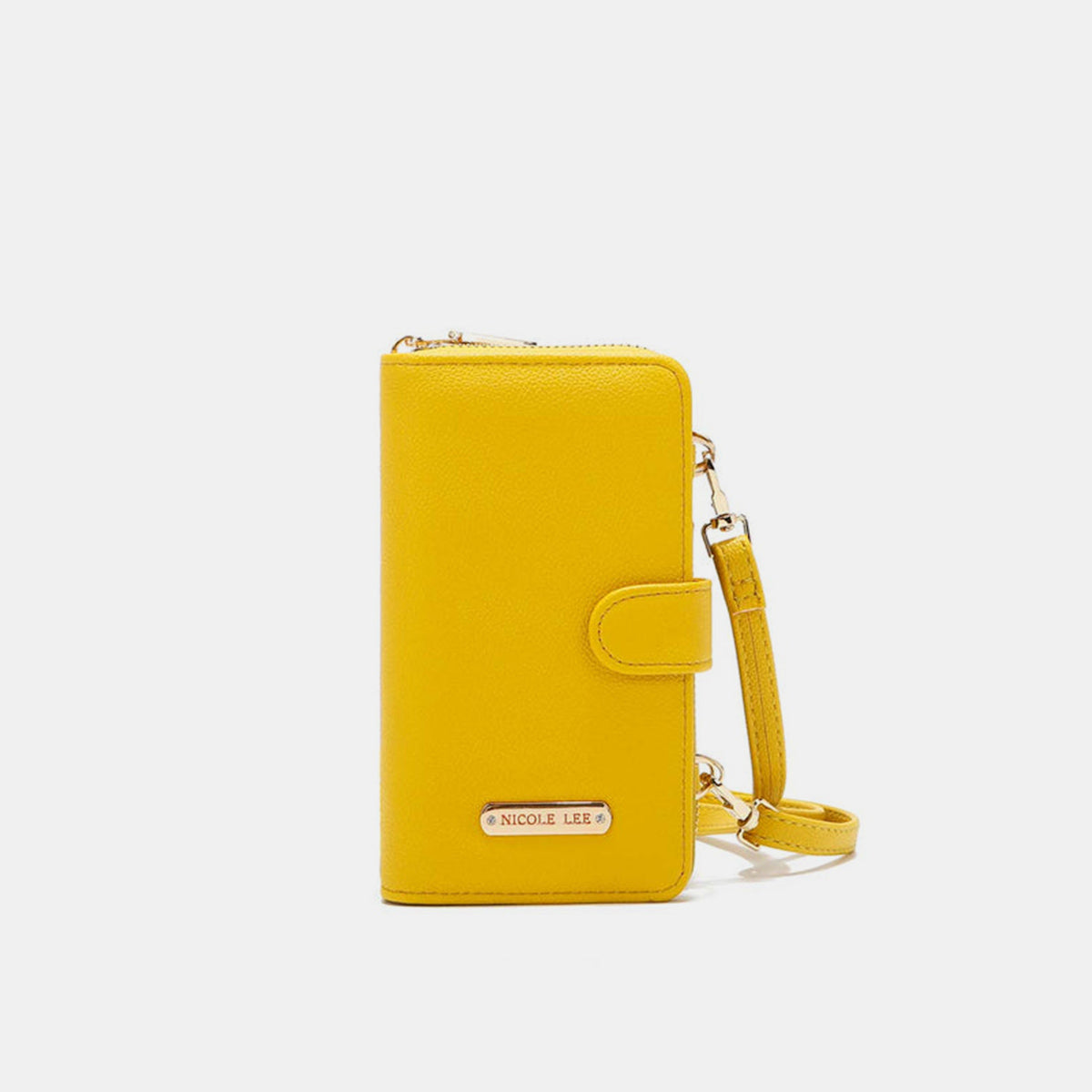 A yellow Nicole Lee USA 2 Piece Phone Case Crossbody Wallet, crafted from vegan leather, with a detachable strap and a snap button closure, displayed against a white background.