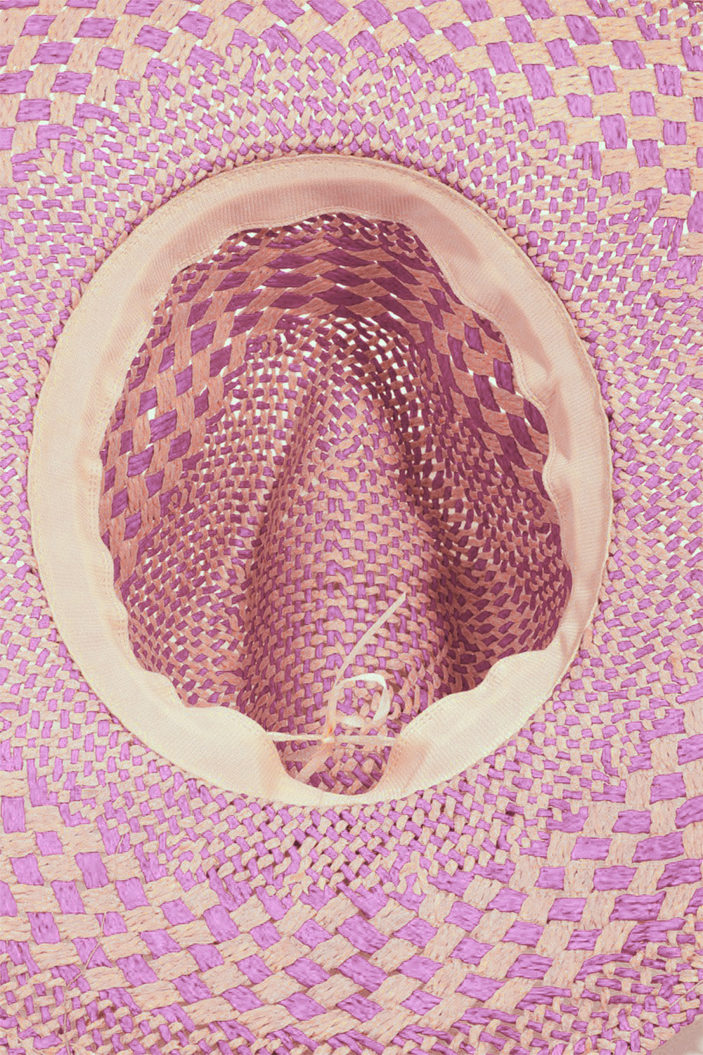 The Fame Checkered Straw Weave Sun Hat, featuring a sophisticated pink and purple checkered design, is elegantly displayed on a white background, highlighting its wide brim.