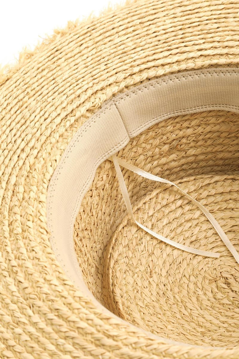 The Fame Strap Wide Brim Straw Hat, perfect for sun protection, boasts a broad brim and features a stylish black and white striped band around the crown, making it an ideal accessory for summer.