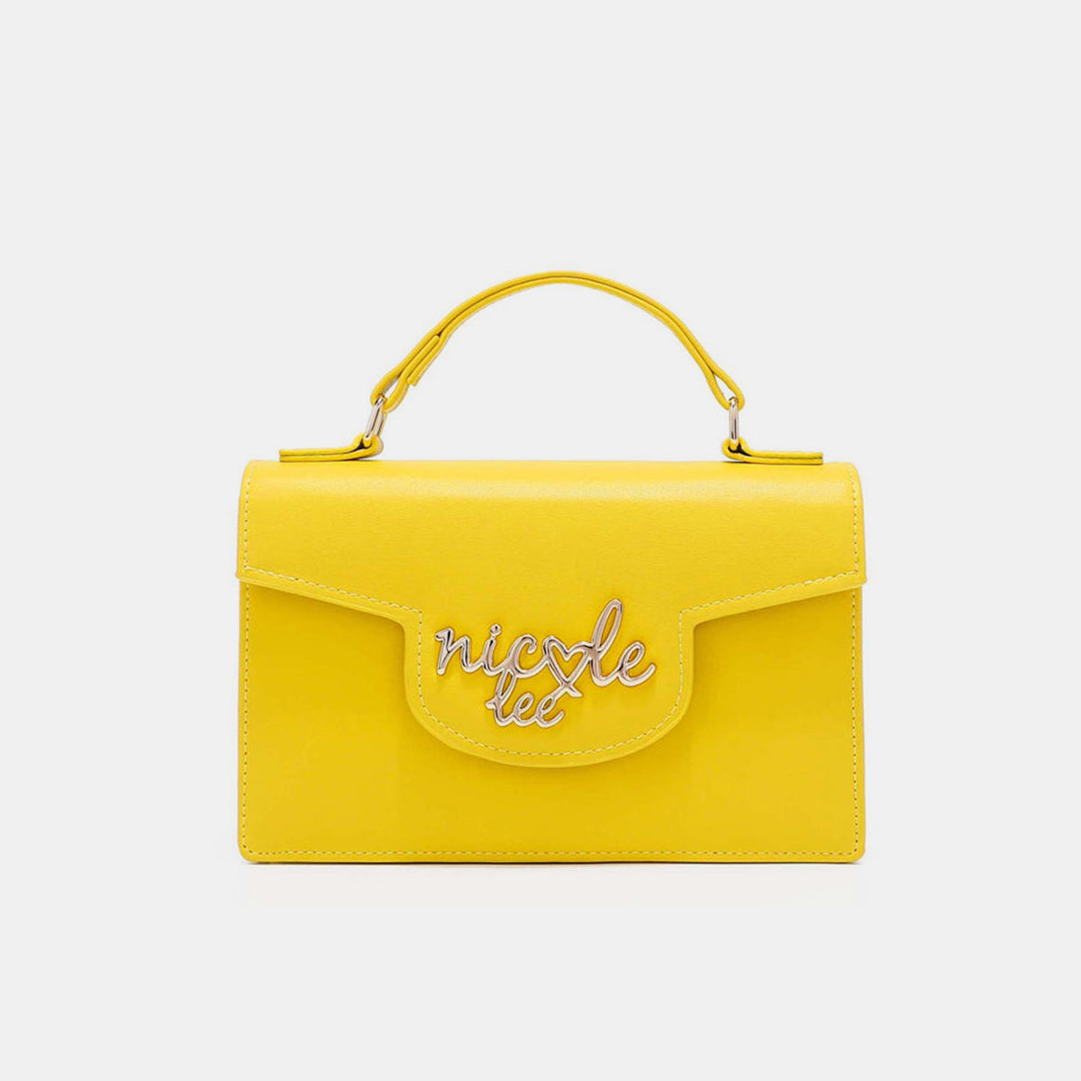 The Nicole Lee USA Small Crossbody Wallet in bright yellow features a handle and flap closure, accented with "nicole lee" in metallic letters on the front. It also includes an adjustable crossbody strap for versatile wear.