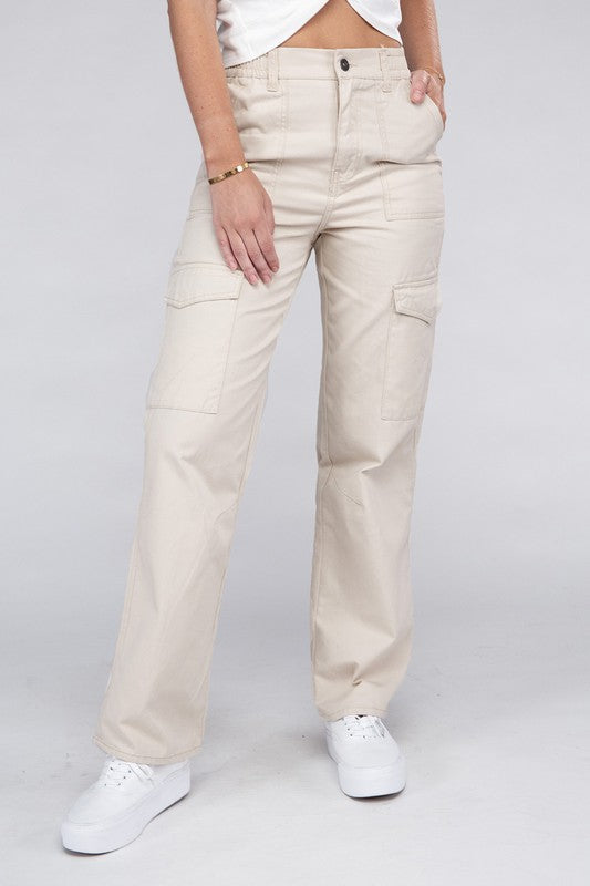 A person is wearing high-waisted, olive green Everyday Wear Elastic-Waist Cargo Pants, complemented by black high-heeled sandals.