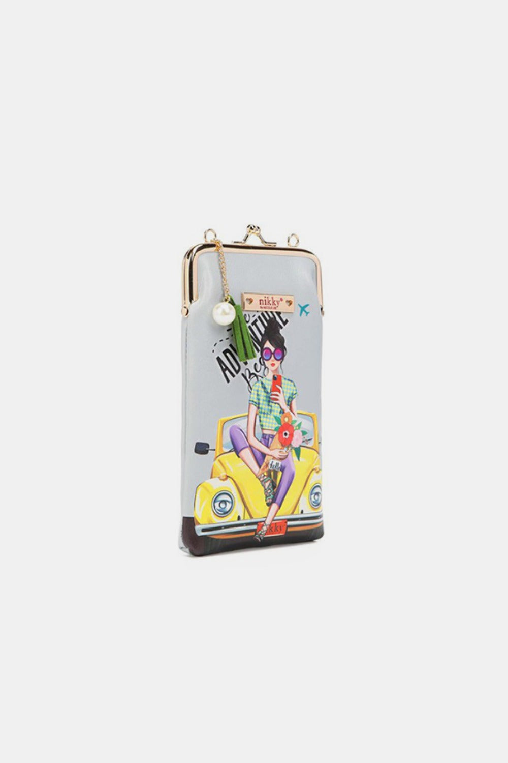 The Nicole Lee USA Printed Kisslock Phone and Sunglass Purse is a small white crossbody bag made of eco-leather with a gold chain strap, featuring an illustration of three cartoon girls and the text "Fierce and Forever.