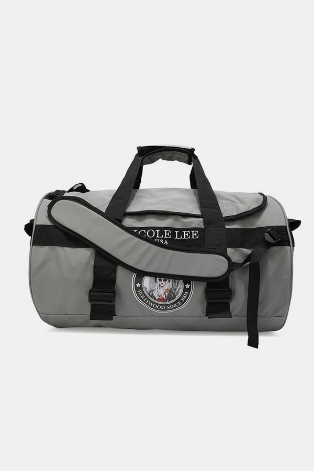 The Nicole Lee USA Large Duffel Bag is a lightweight, green bag with black straps and handles, featuring the "Nicole Lee USA" logo in the center and offering versatile carrying options.