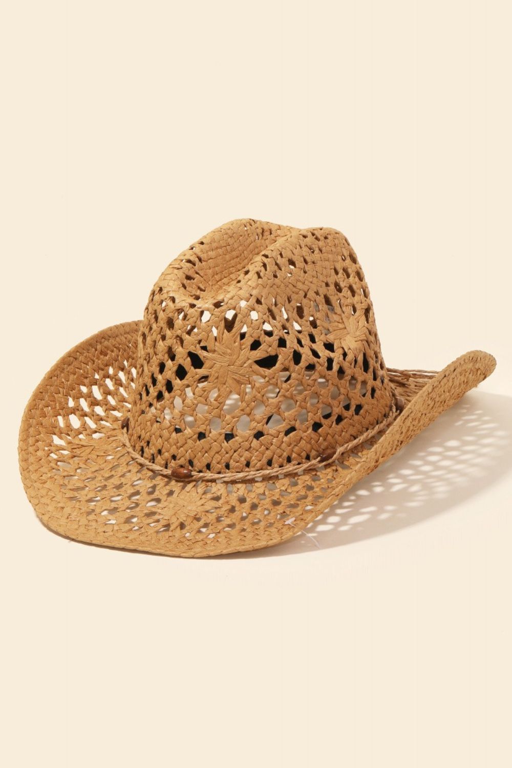 A wide-brimmed, light-colored Fame Straw Weave Rope Ribbon Cowboy Hat featuring intricate cutout designs.