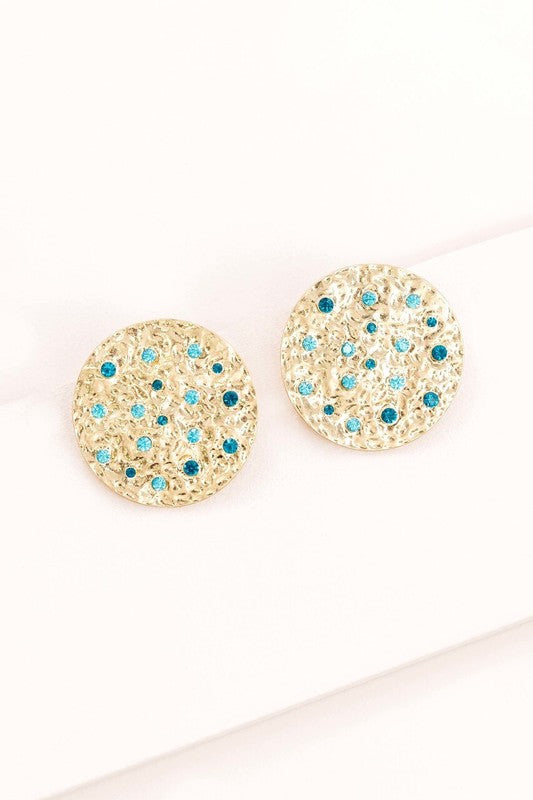 Wishing Well Plate Earrings with blue gemstone embellishments.