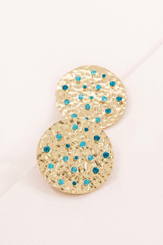 Wishing Well Plate Earrings with blue gemstone embellishments.