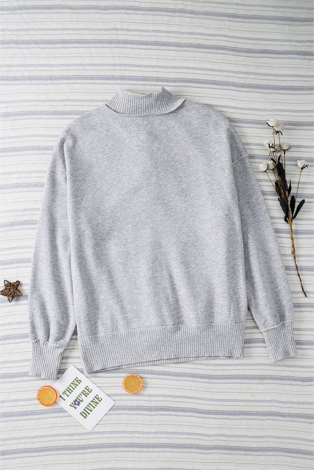 Gray Ribbed Hem Snap Button Neckline Sweatshirt with Pocket