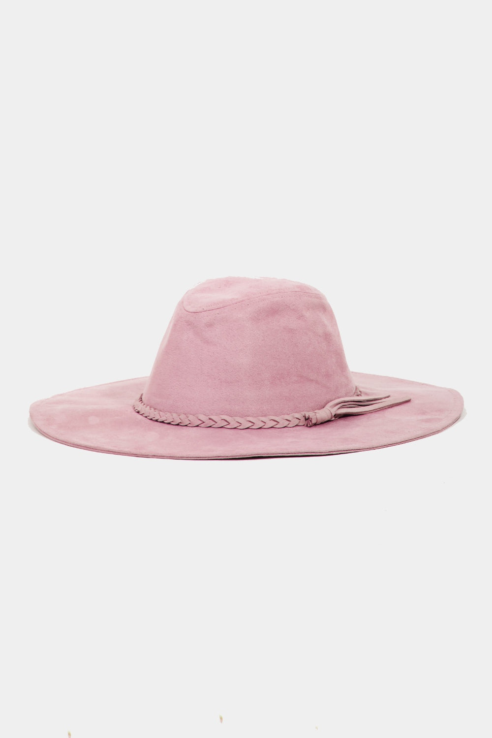 The stylish Fame Braided Faux Suede Hat in a fashionable pink color features a wide brim with a braided band and bow detail, and is displayed on a plain background.