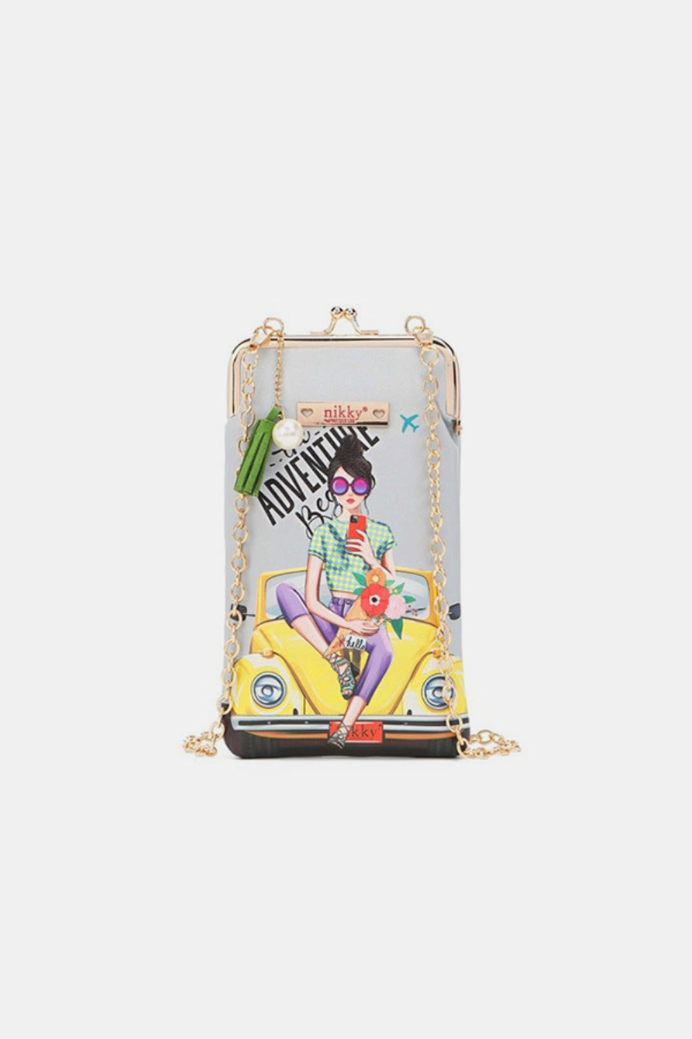 The Nicole Lee USA Printed Kisslock Phone and Sunglass Purse is a small white crossbody bag made of eco-leather with a gold chain strap, featuring an illustration of three cartoon girls and the text "Fierce and Forever.