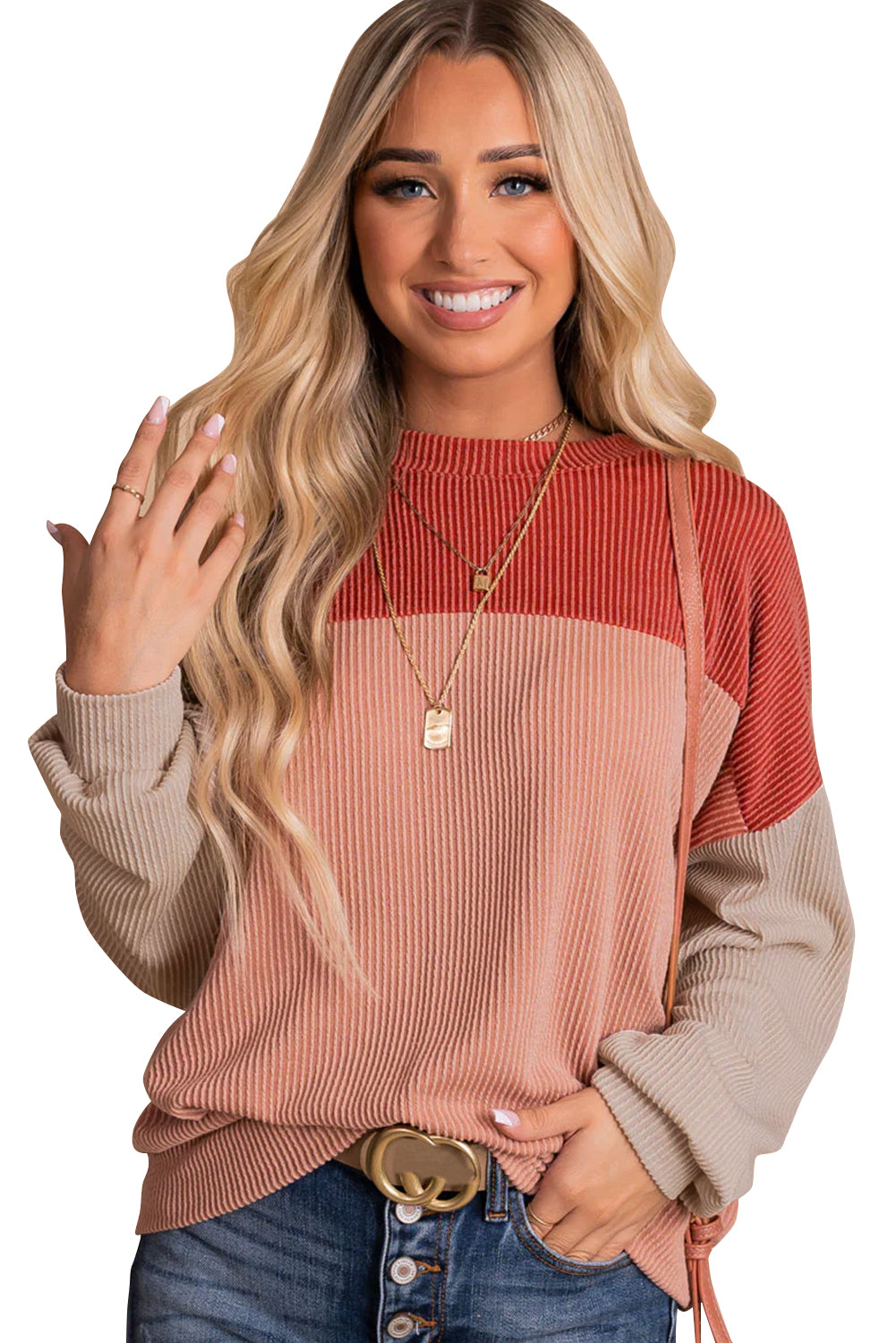 Wholesale Black Color Block Corduroy Long Sleeve Tops.