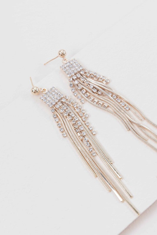 A pair of First Class Shimmer Earrings with crystals and sterling silver post, featuring metal fringe.
