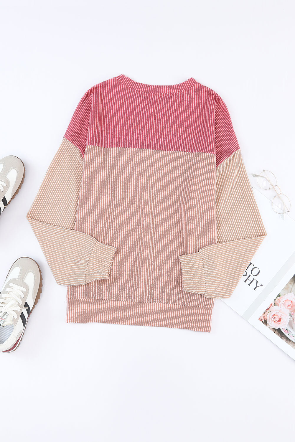 Wholesale Black Color Block Corduroy Long Sleeve Tops.