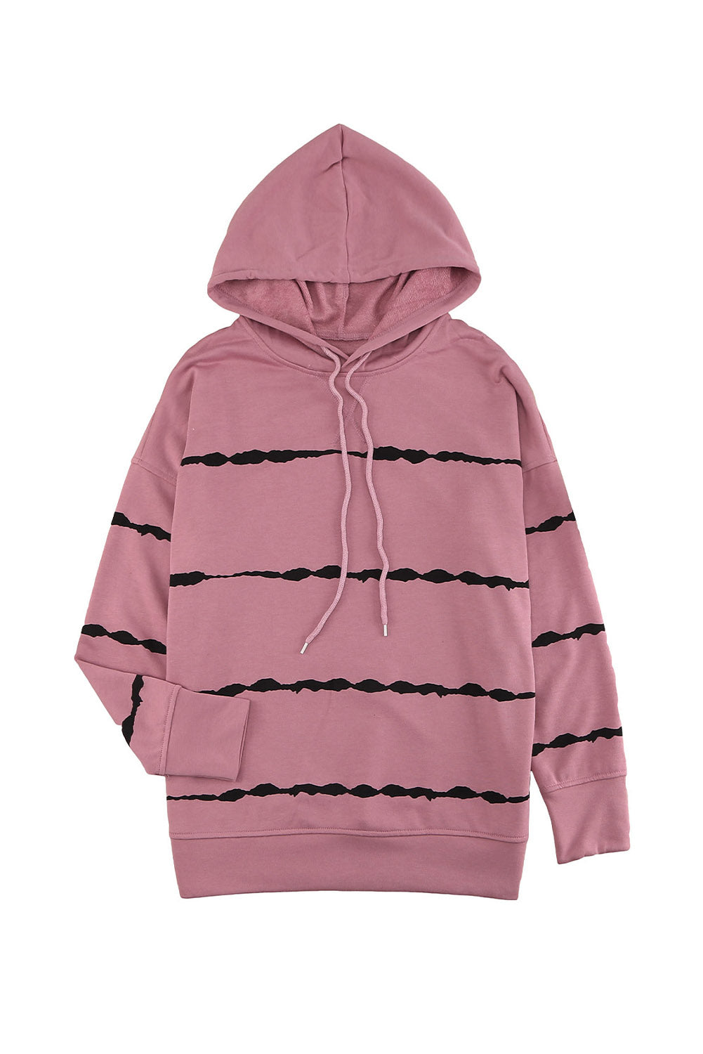 A person with wavy, light brown hair is wearing a Pink Tie-dye Striped Drawstring Hoodie with Side Split Tops and blue jeans, viewed from the back. The relaxed silhouette of the hoodie adds to its casual appeal.