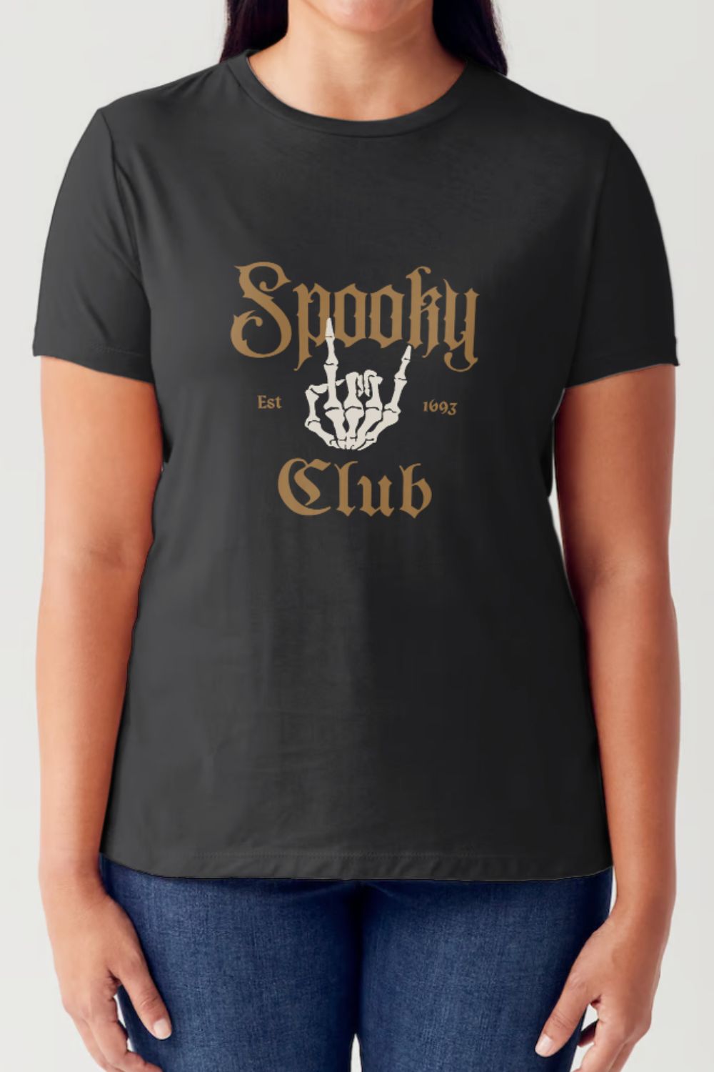 A person wearing a black Simply Love Full Size SPOOKY CLUB Short Sleeve Tubular T-Shirt featuring an illustration of a skeletal hand on the front, made from ringspun combed cotton for ultimate comfort.