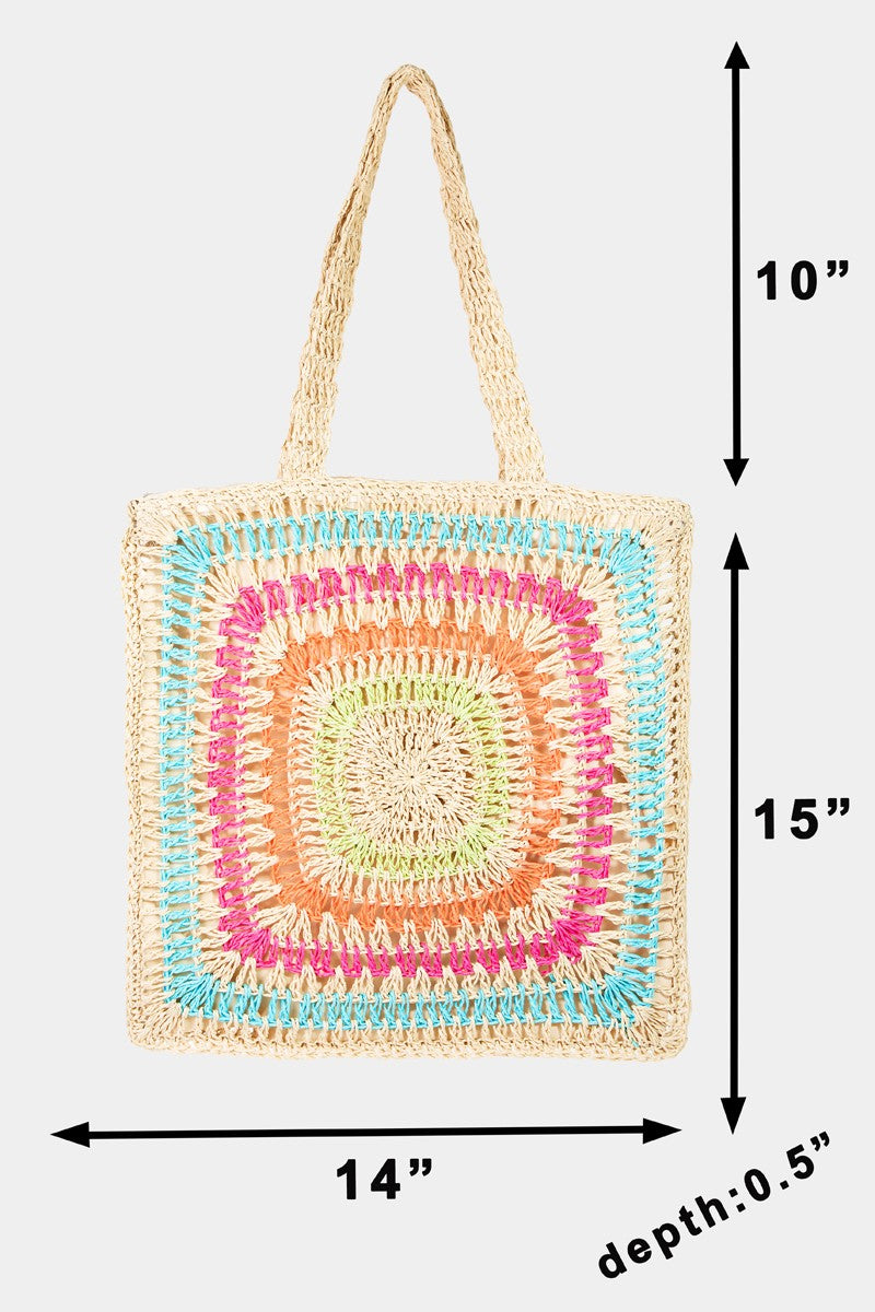 The Fame Rainbow Crochet Knit Tote Bag is a vibrant and stylish square-shaped woven straw bag showcasing colorful patterns in blue, beige, orange, pink, and green. It features two handles and has a crochet knit design that adds an artisanal touch.