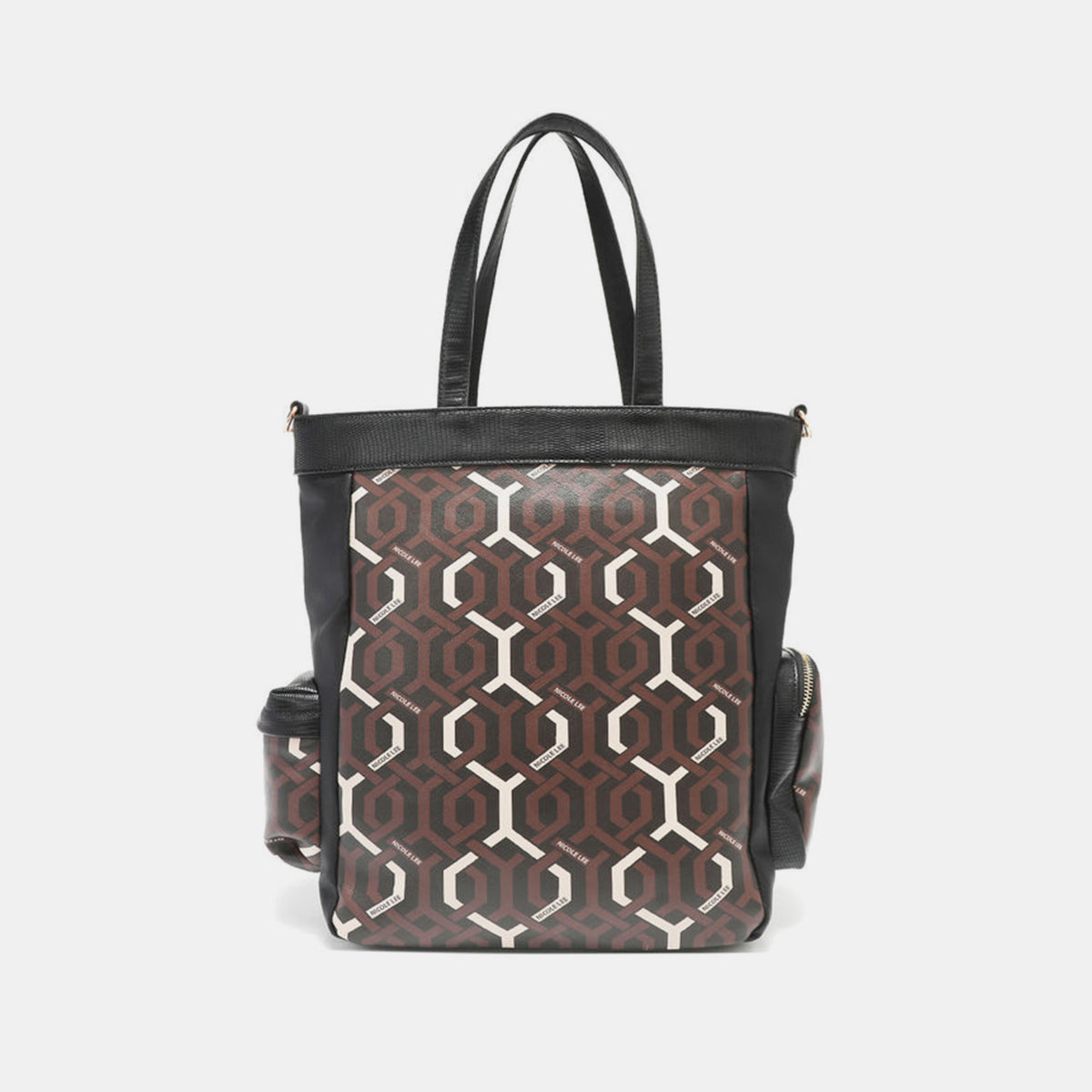 Introducing the Nicole Lee USA Geometric Pattern Tote Bag, a spacious accessory made from vegan leather with a striking black body, adorned with brown and white geometric patterned pockets, complemented by a brown flap pocket and black handles.