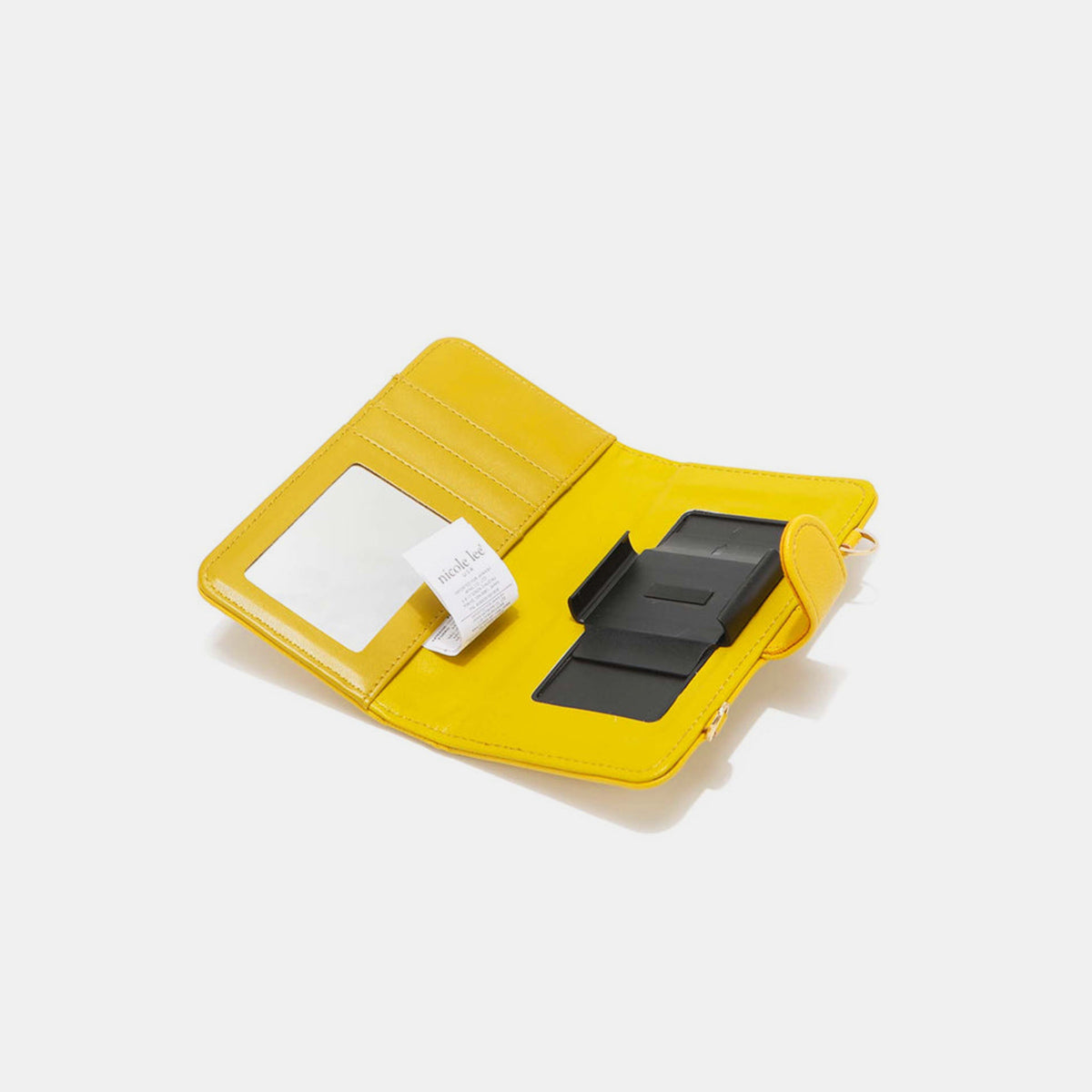 A yellow Nicole Lee USA 2 Piece Phone Case Crossbody Wallet, crafted from vegan leather, with a detachable strap and a snap button closure, displayed against a white background.