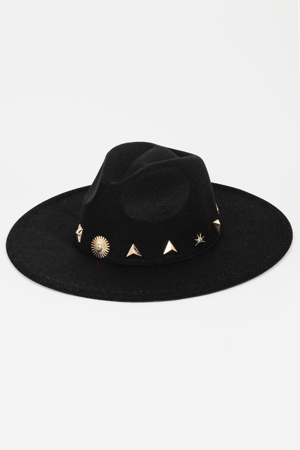 Step into style with the Fame Studded Sun Moon Star Fedora Hat, a black wide-brim piece adorned with gold geometric shapes and sun patterns on the crown, radiating celestial charm.