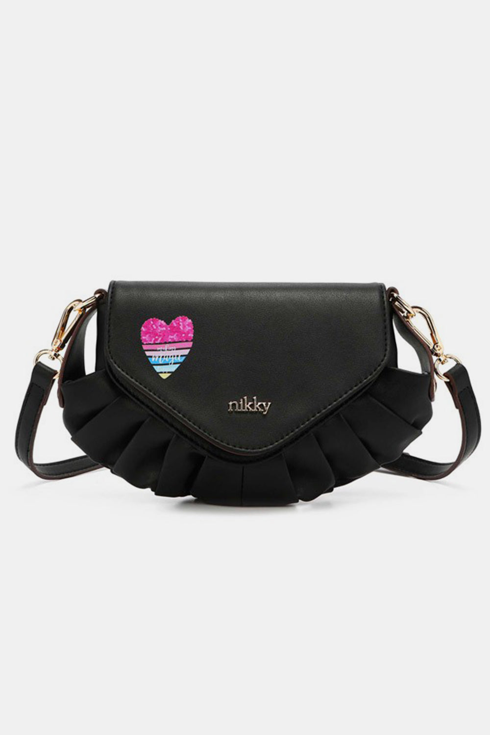 The Nicole Lee USA Graphic Crossbody Bag is a black shoulder bag embellished with a small heart decoration and featuring a "nikky" logo on the front. It includes ruffled detailing at the bottom and comes with an adjustable strap, making it a stylish fashion accessory.