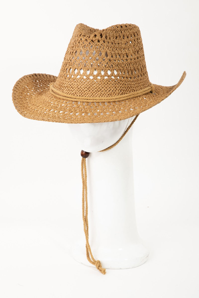 The Fame Rope Strap Straw Braided Hat, a tan woven cowboy hat with a braided rope strap, is displayed on a white mannequin head against a plain background.