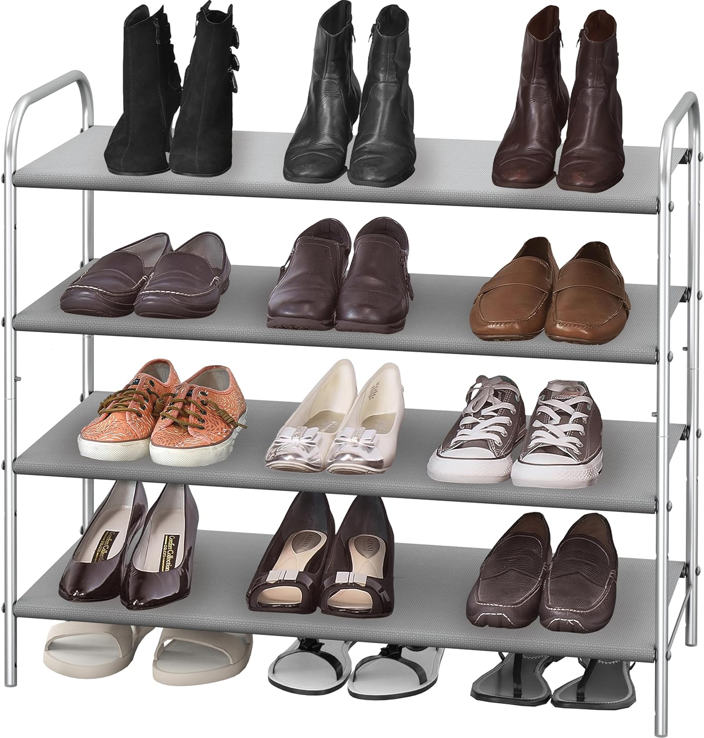 A modern Simple Houseware 4-Tier Shoe Rack Storage Organizer 20-Pair, Grey made of metal with gray fabric shelves.