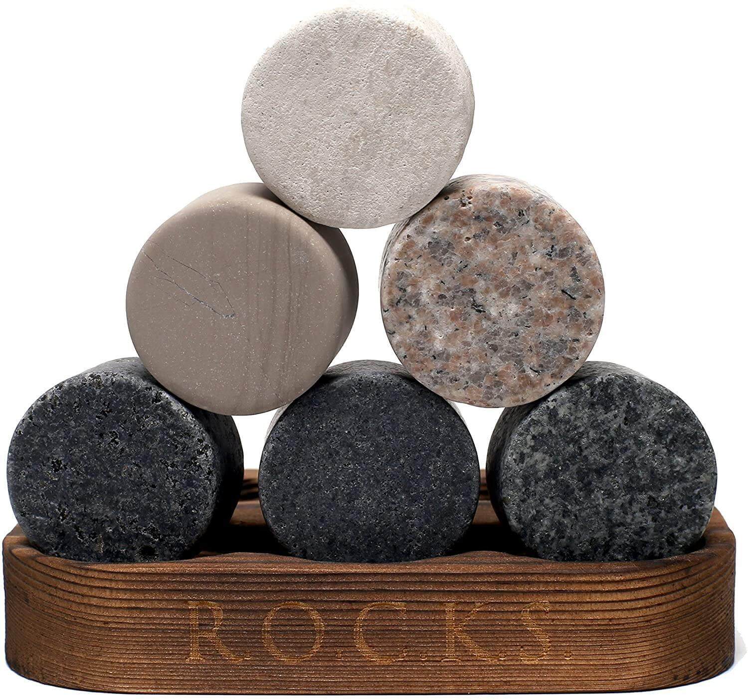 A set of The Original ROCKS Whiskey Chilling Stones - Set of 6 Granite Stones in a wooden box by Apricot Pontus.