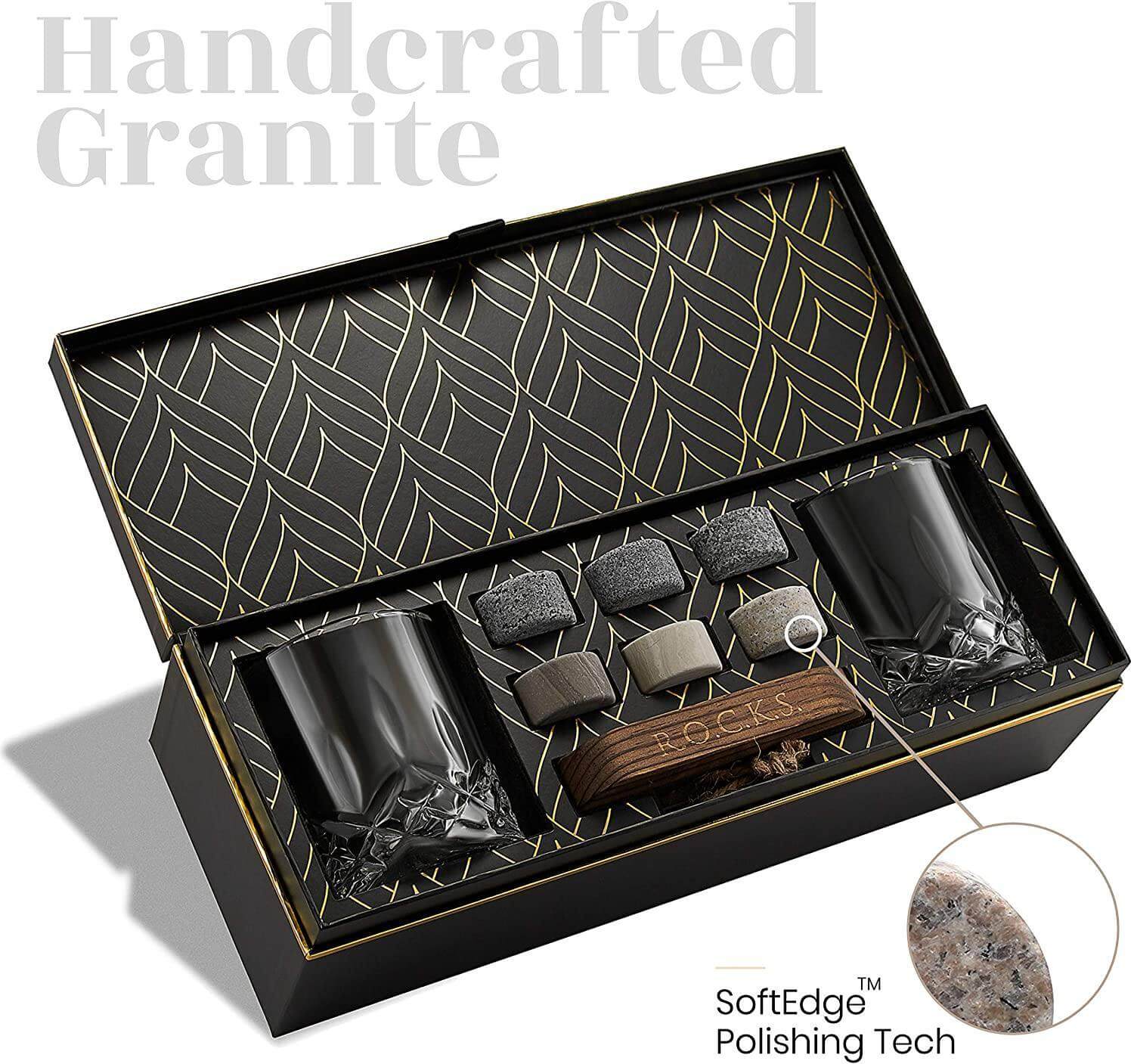 An Apricot Pontus black gift box with a Whiskey Chilling Stones Gift Set With 2 Signature Crystal Glasses and a candle holder.