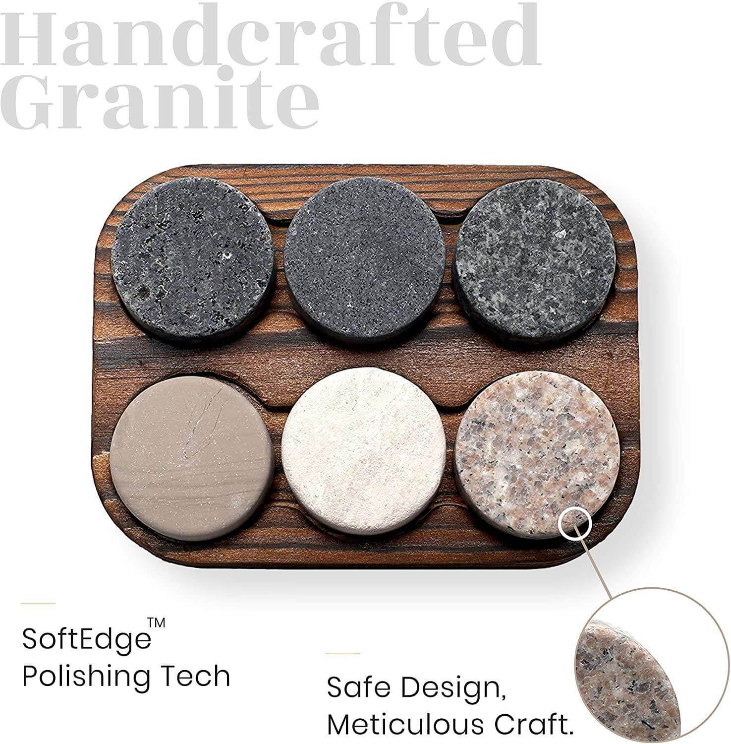 A set of The Original ROCKS Whiskey Chilling Stones - Set of 6 Granite Stones in a wooden box by Apricot Pontus.