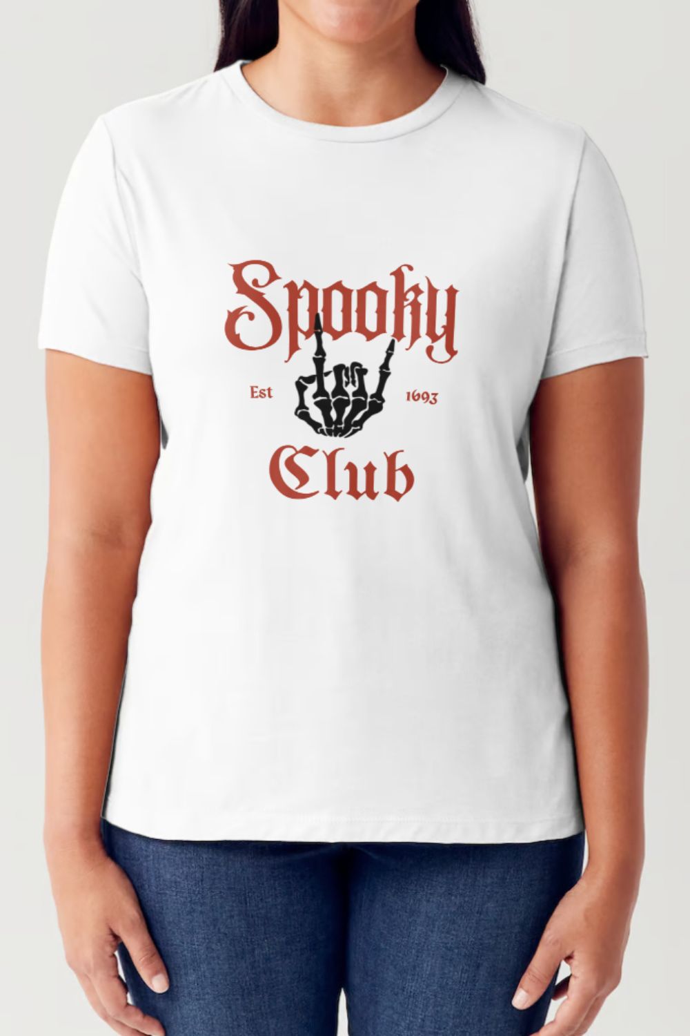 A person wearing a black Simply Love Full Size SPOOKY CLUB Short Sleeve Tubular T-Shirt featuring an illustration of a skeletal hand on the front, made from ringspun combed cotton for ultimate comfort.