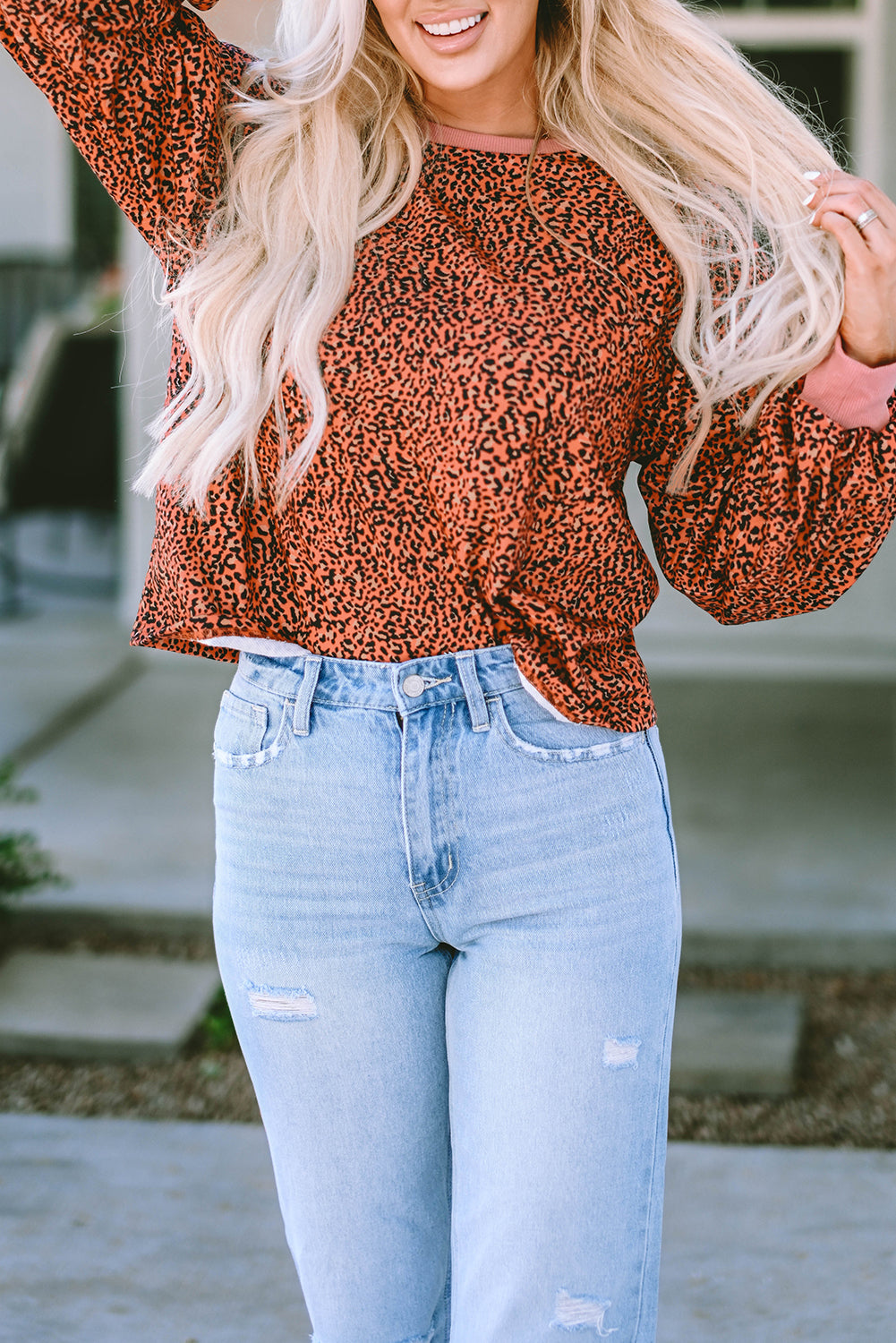 Vintage Leopard Bubble Sleeve Pullover Sweatshirt