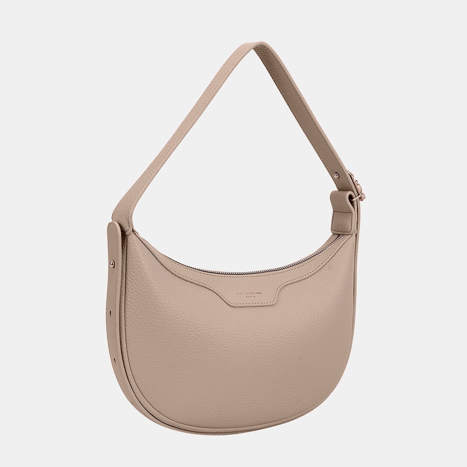 The David Jones PU Leather Crossbody Bag is a fashionable accessory that boasts a light pink hue, a curved design, and a practical top zipper closure.