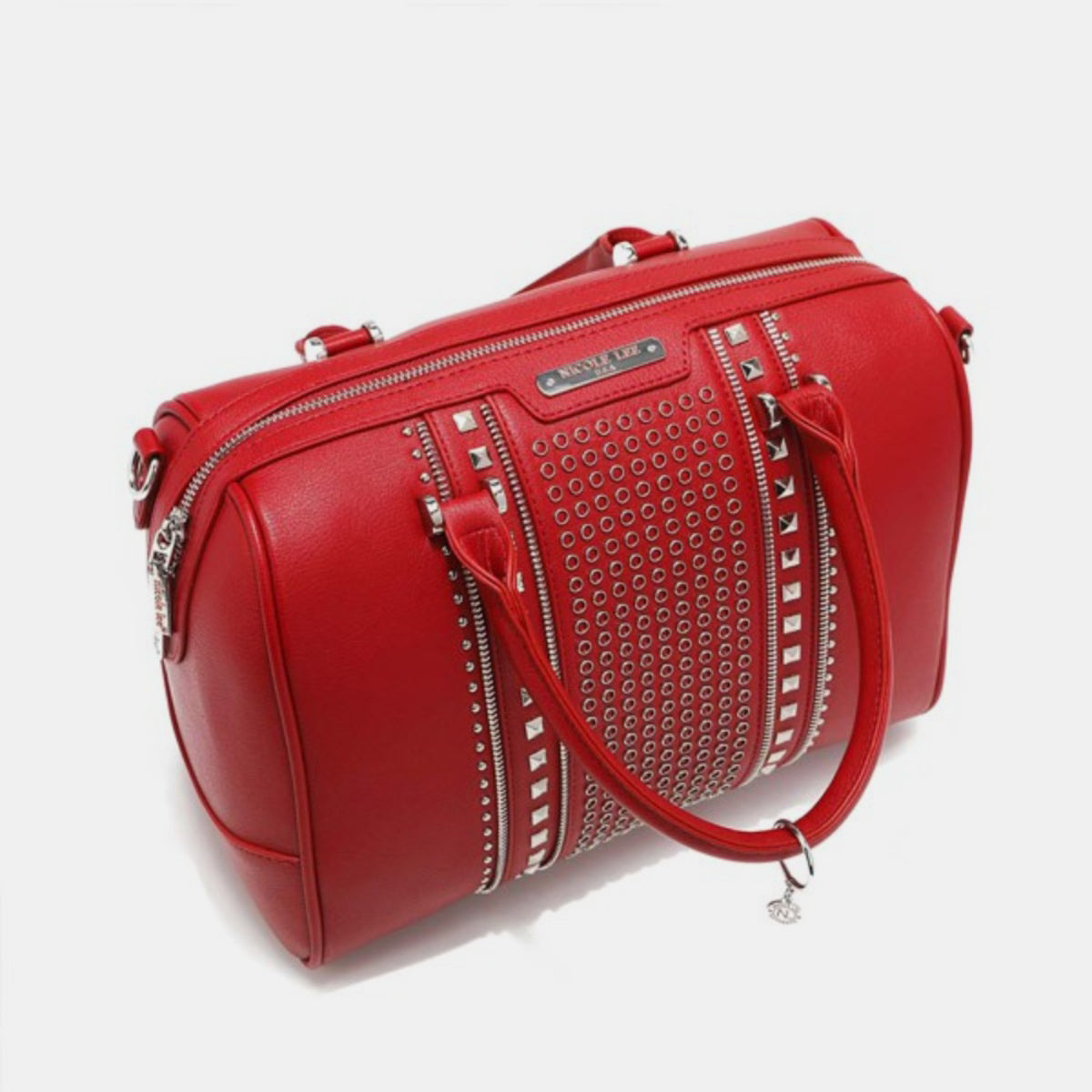 Nicole Lee USA Studded Boston Bag, crafted from luxurious vegan leather in red, showcases a design with two handles and metallic stud and ring embellishments on the front.