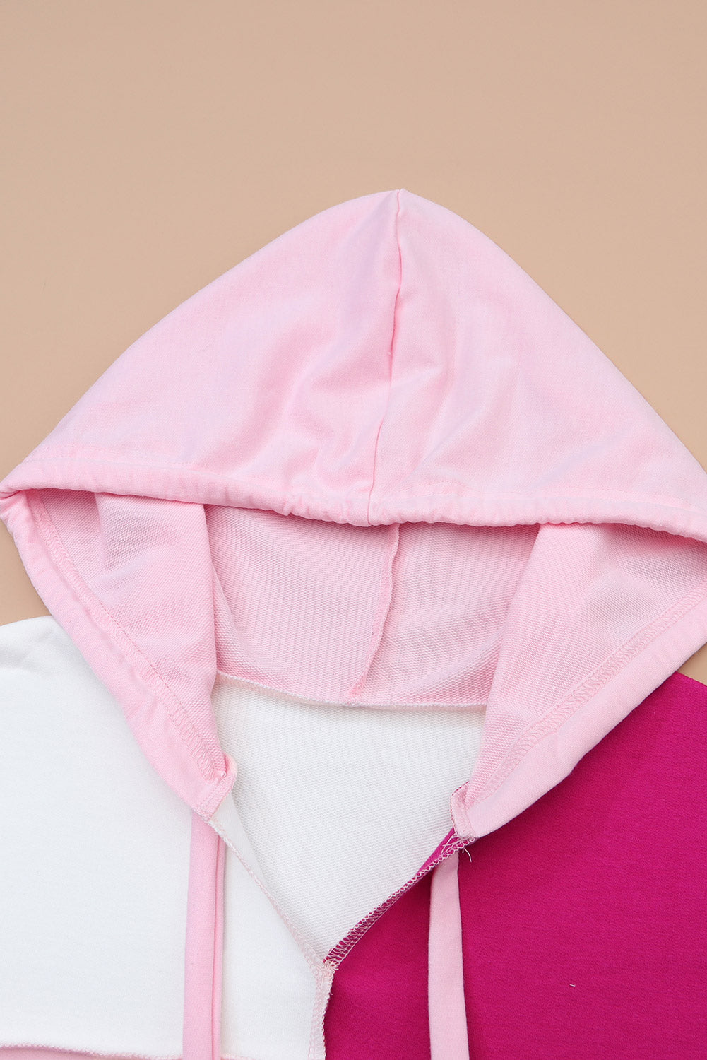 Pink Colorblock Exposed Seam Loose Sleeve Hoodie