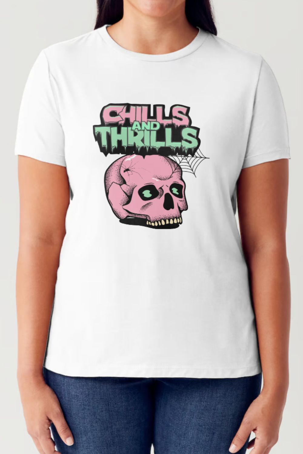 Person wearing the Simply Love Full Size CHILLS AND THRILLS Short Sleeve Tubular T-Shirt in black, featuring a pink skull design and the text "Chills and Thrills" in green and pink letters, perfect for your festive wardrobe.