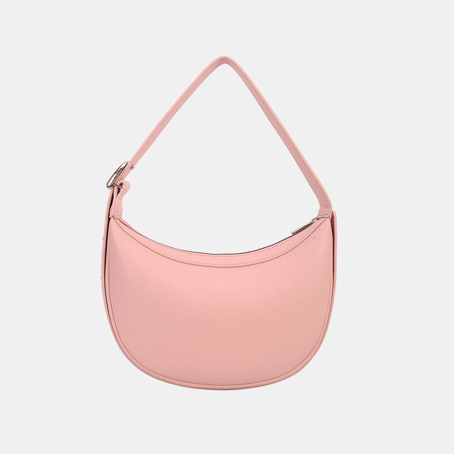 The David Jones PU Leather Crossbody Bag is a fashionable accessory that boasts a light pink hue, a curved design, and a practical top zipper closure.