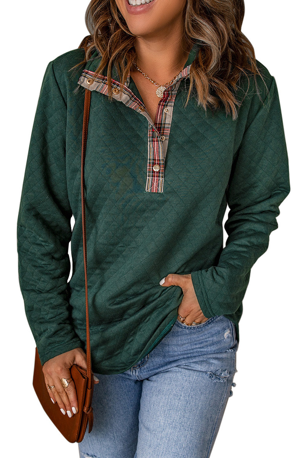 Green Geometric Texture Plaid Trim Sweatshirt