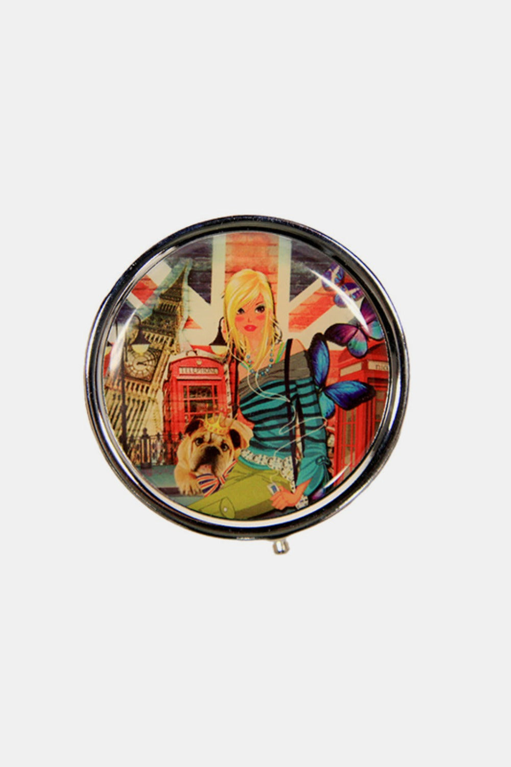 The Nicole Lee USA Print Metallic Circular Small Pill Case holds a metal pin that showcases an illustration of a dog and cat driving a red convertible through a city adorned with iconic buildings and landmarks, all wrapped in a sleek silver-tone metal exterior.