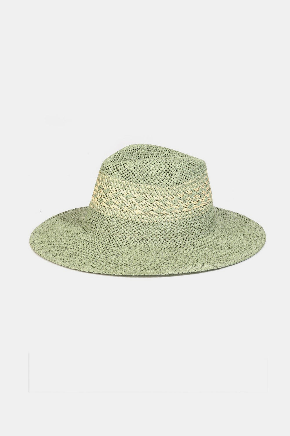 The Fame Contrast Wide Brim Straw Hat in light green, adorned with a decorative band and resting on a plain background, offers a blend of style and effective sun protection.